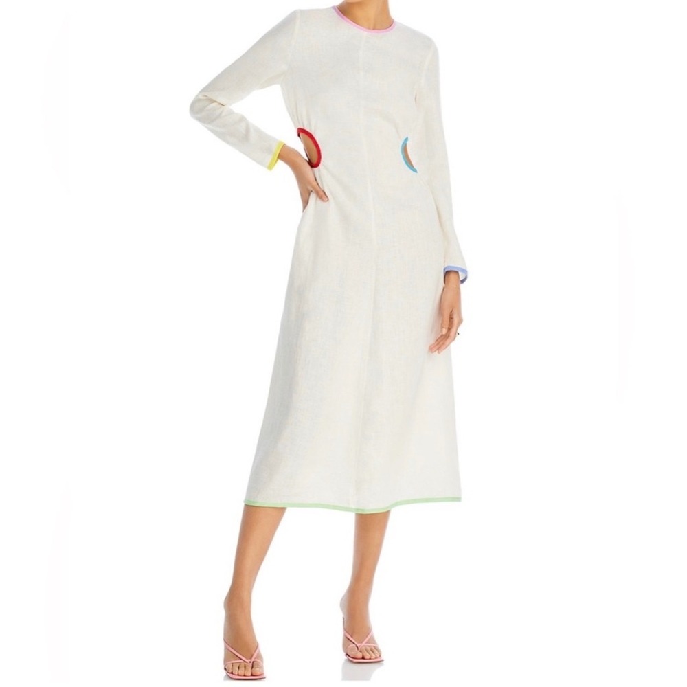 NWT RHODE Thierry Linen Midi Dress Macadamia Rainbow Piping‎ Sz 6 $450